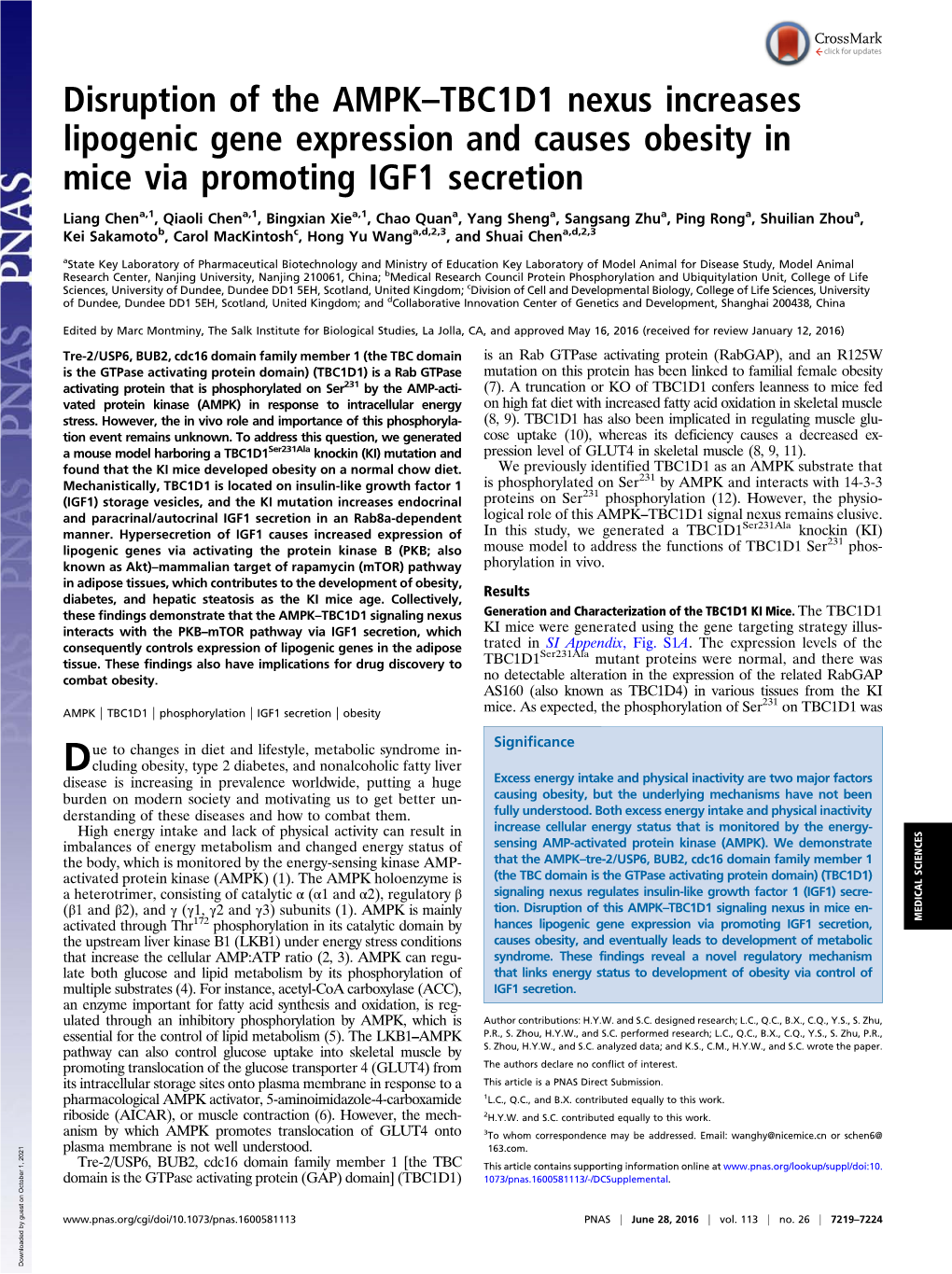 Disruption of the AMPK–TBC1D1 Nexus Increases Lipogenic Gene Expression and Causes Obesity in Mice Via Promoting IGF1 Secretion