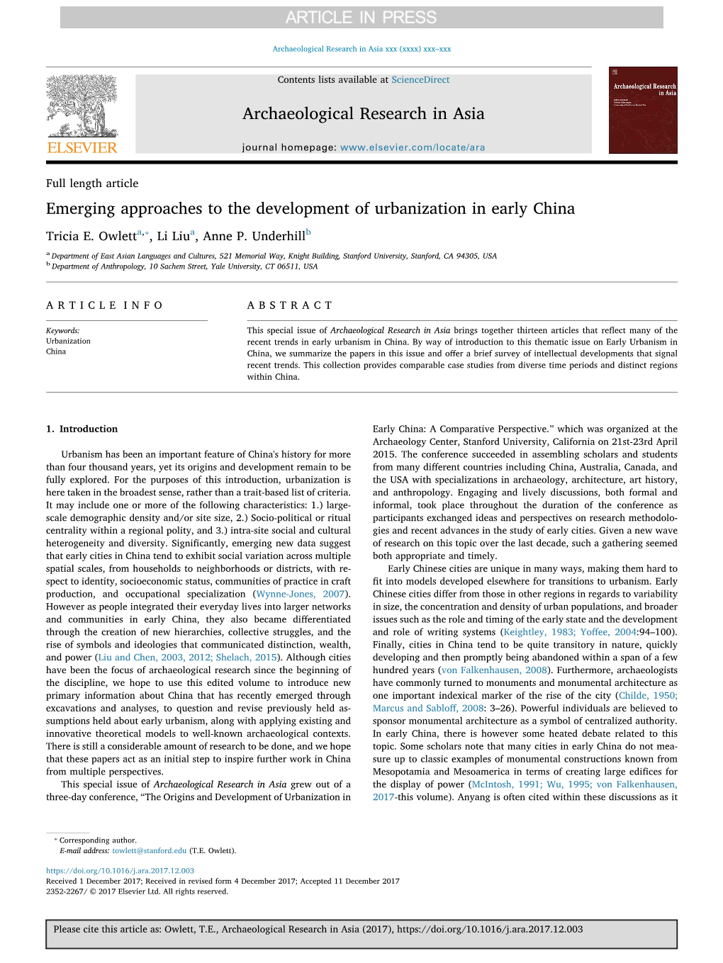 Emerging Approaches to the Development of Urbanization in Early China ⁎ Tricia E