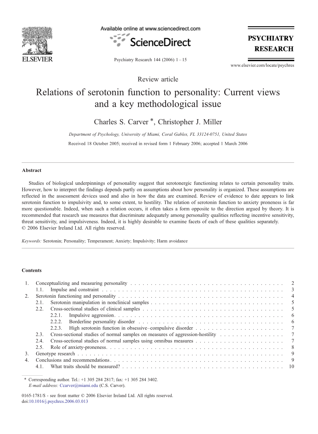 Relations of Serotonin Function to Personality: Current Views and a Key Methodological Issue ⁎ Charles S