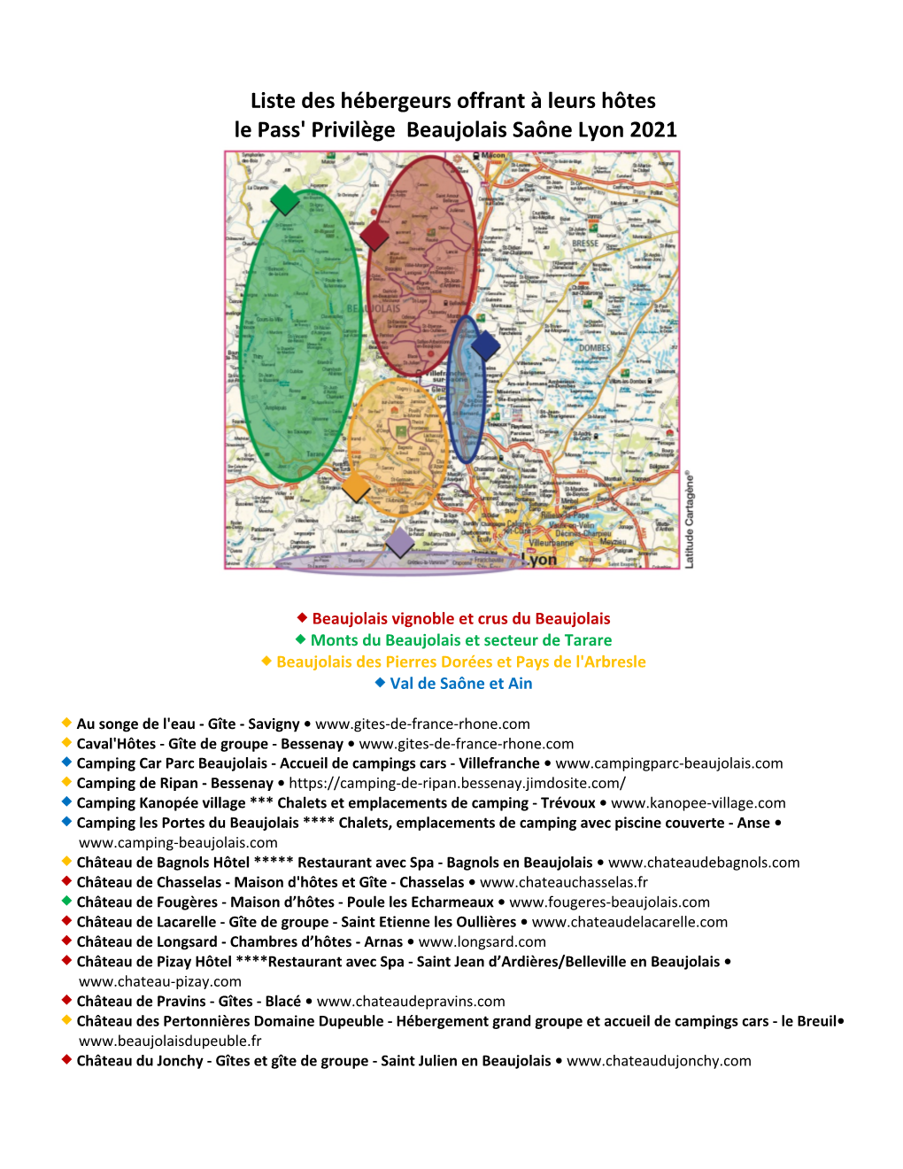 Liste Des Hébergeurs Offrant À Leurs Hôtes Le Pass' Privilège Beaujolais Saône Lyon 2021