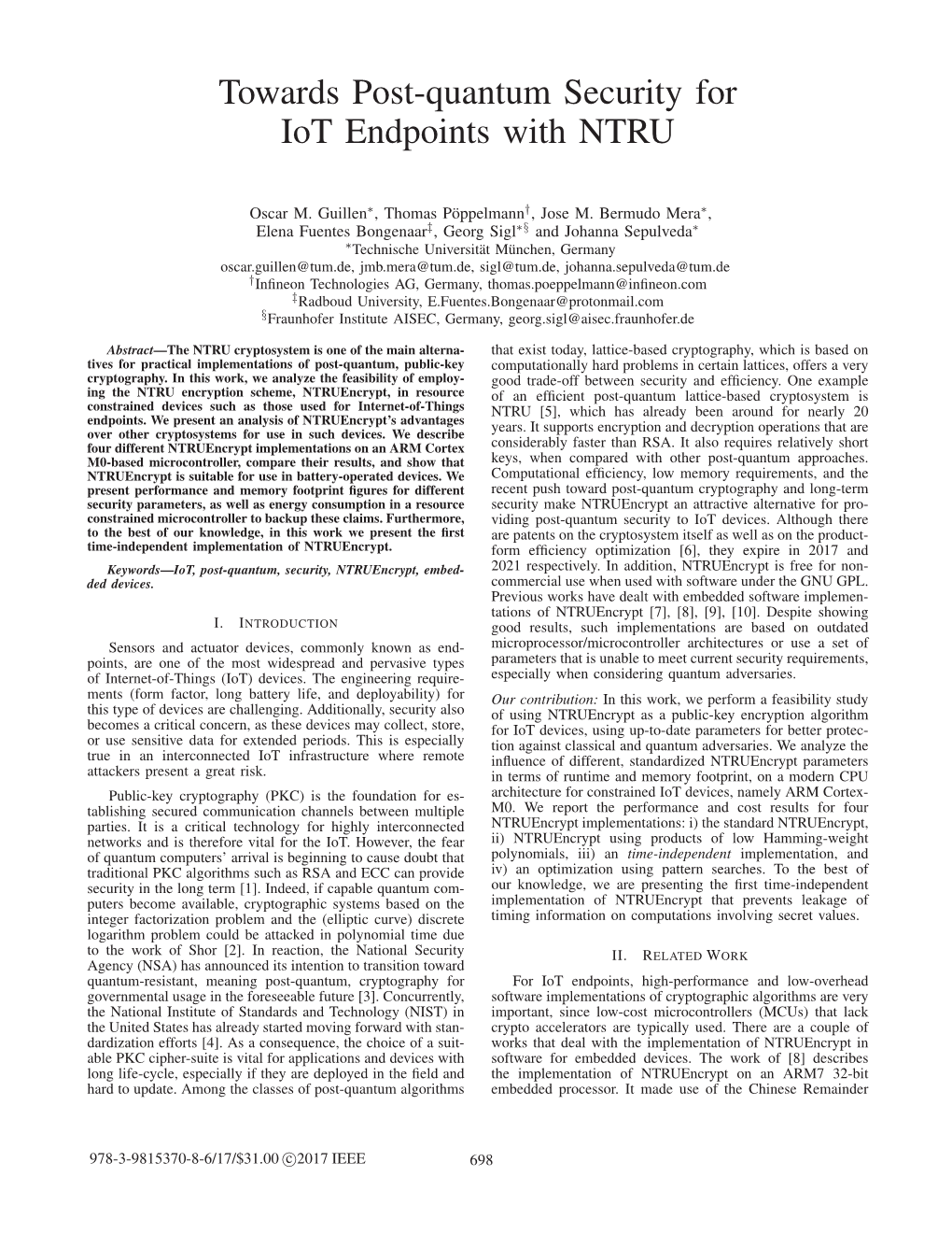 Towards Post-Quantum Security for Iot Endpoints with NTRU