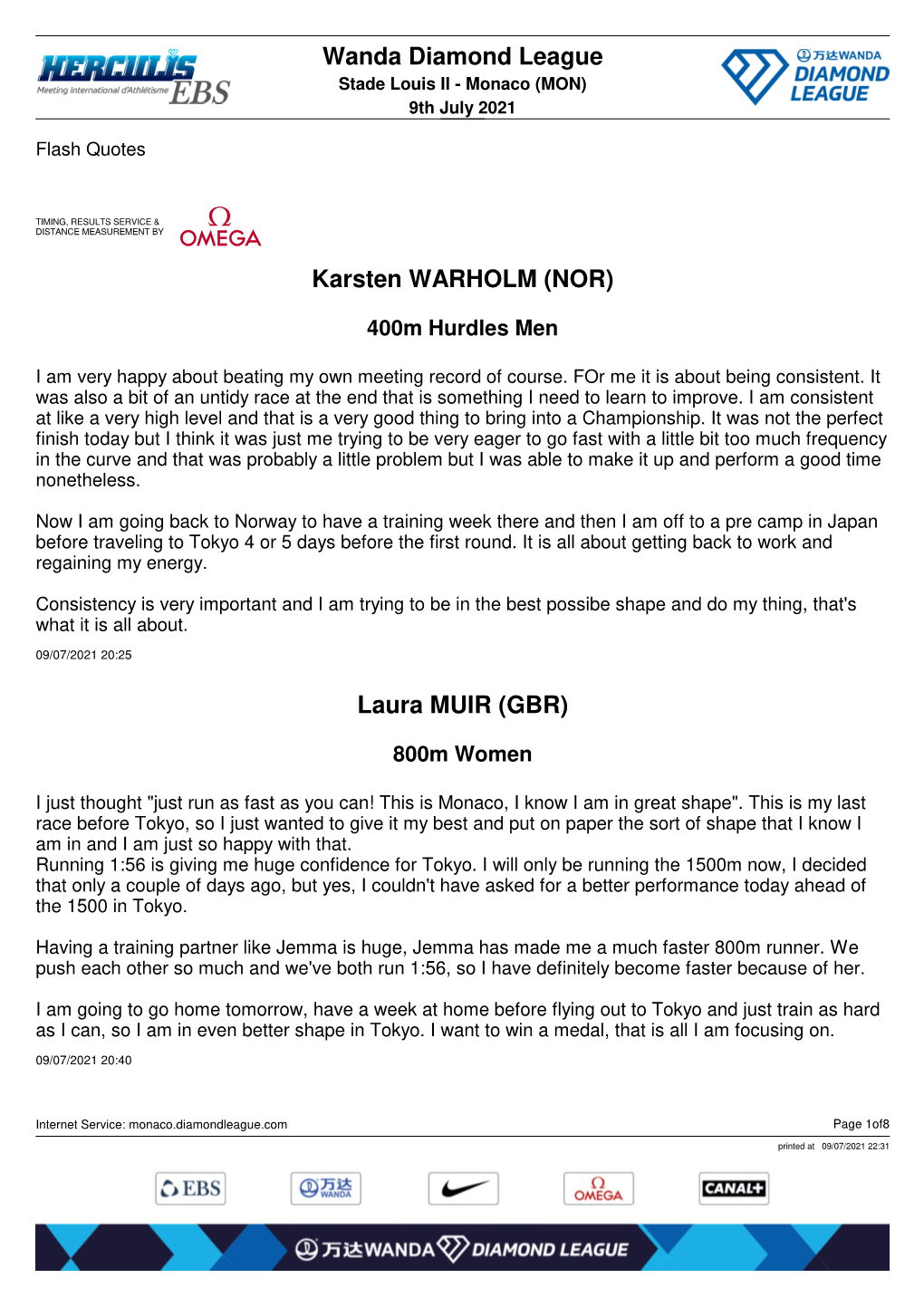 Wanda Diamond League Karsten WARHOLM (NOR) Laura MUIR