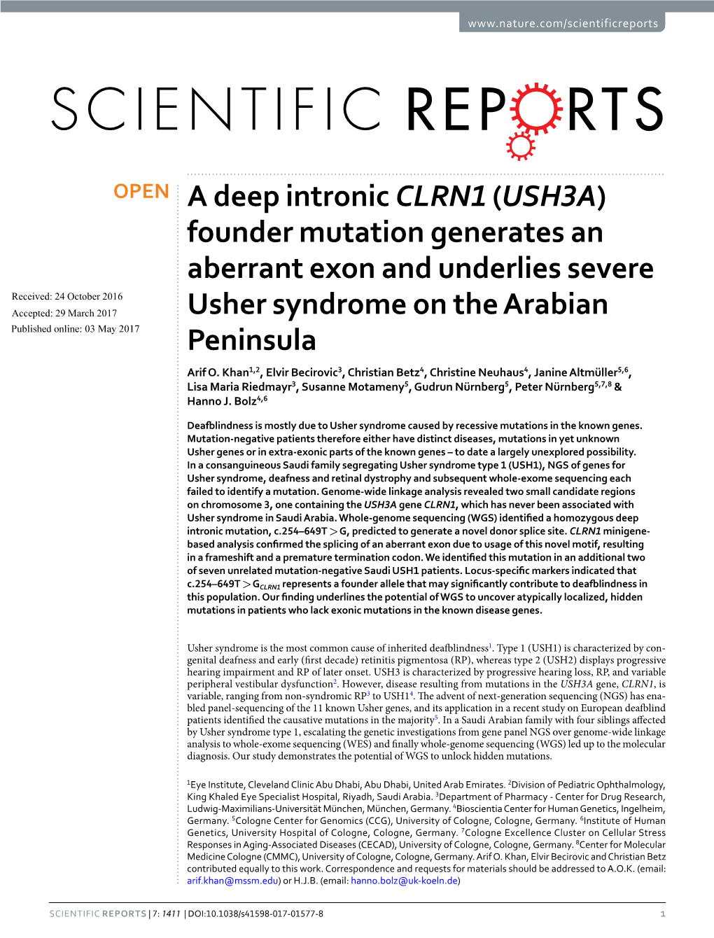 A Deep Intronic CLRN1 (USH3A) Founder Mutation Generates An