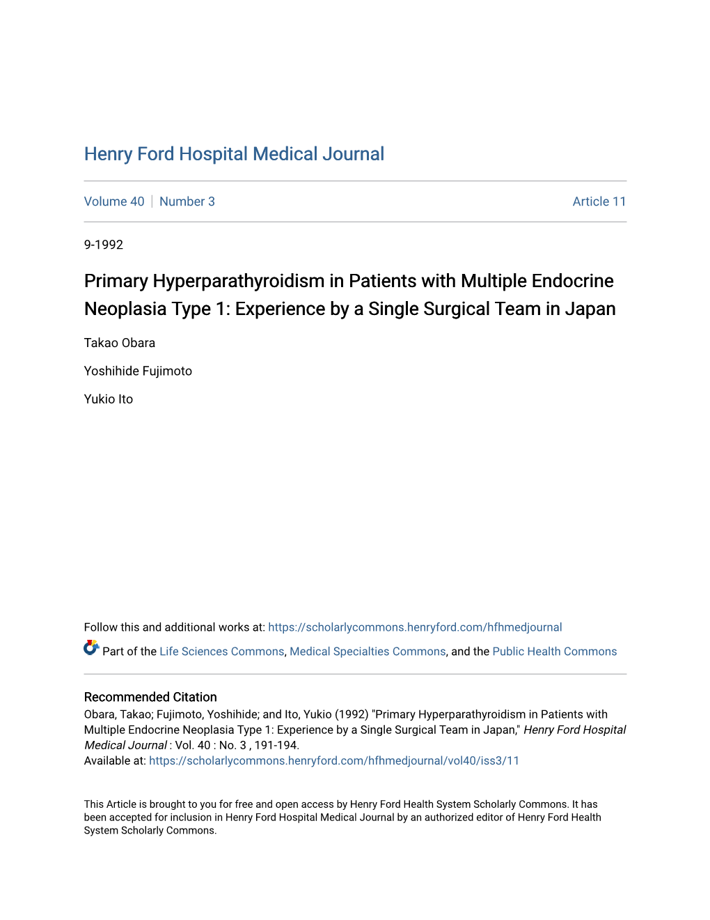 Primary Hyperparathyroidism in Patients with Multiple Endocrine Neoplasia Type 1: Experience by a Single Surgical Team in Japan