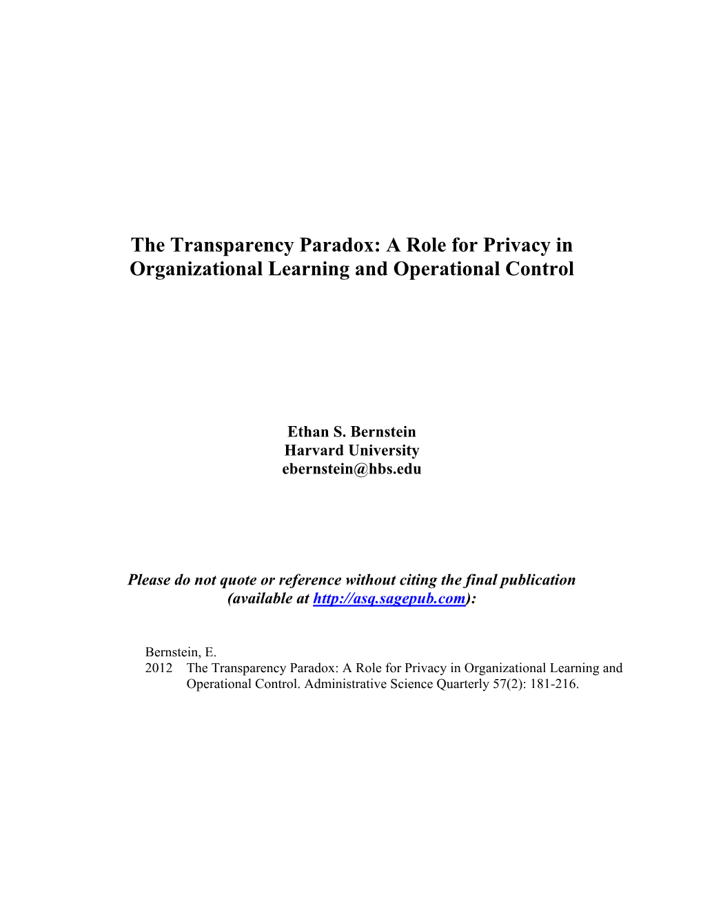 The Transparency Paradox: a Role for Privacy in Organizational Learning and Operational Control