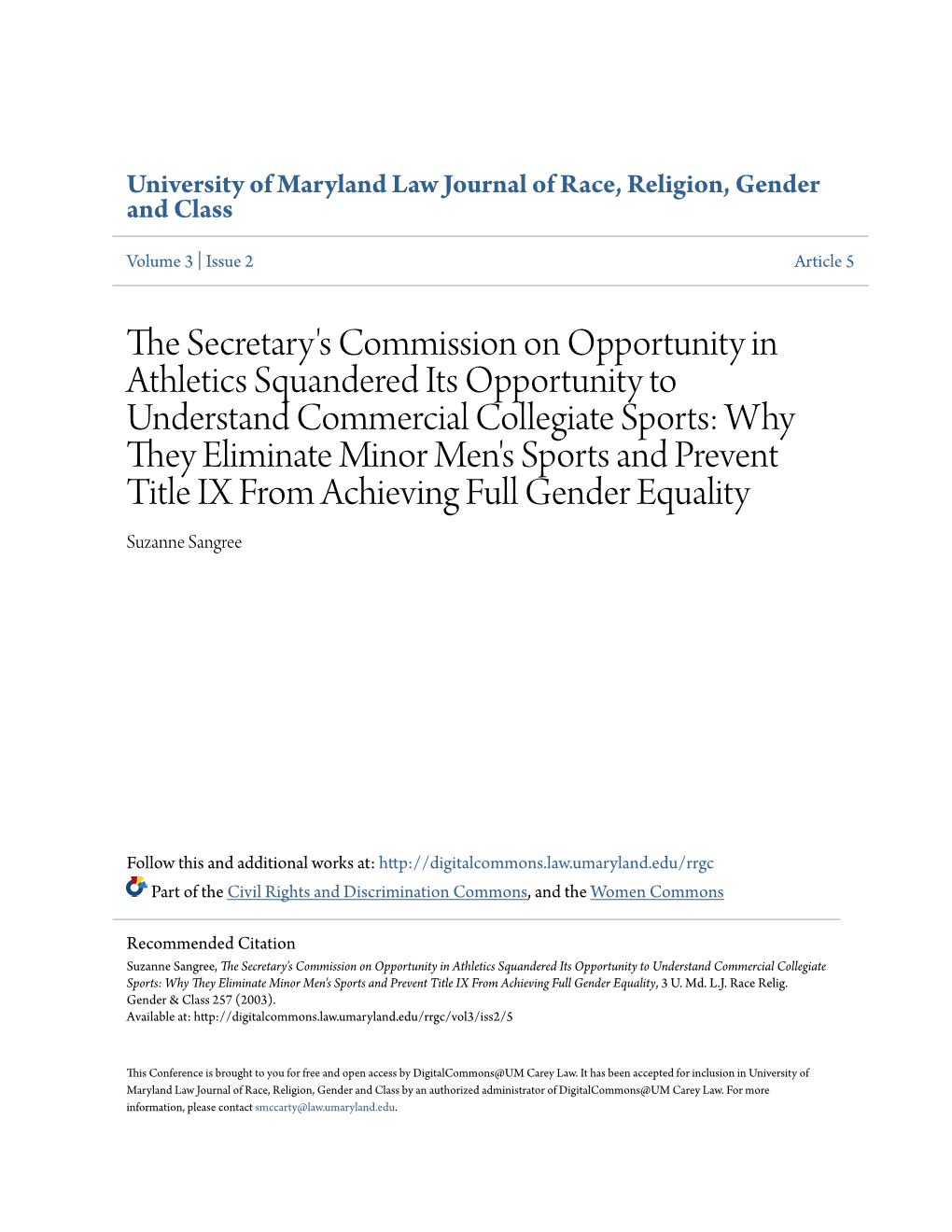 The Secretary's Commission on Opportunity in Athletics