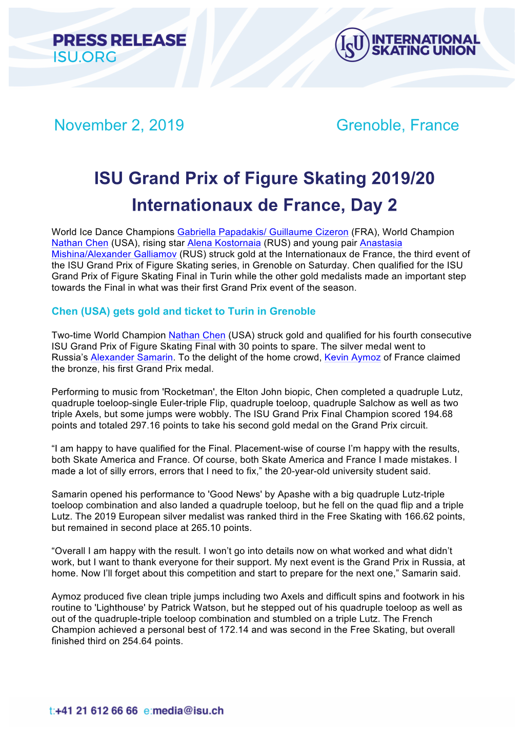 ISU Grand Prix of Figure Skating 2019/20 Internationaux De France, Day 2