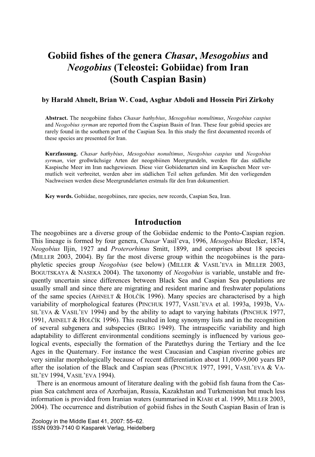 Gobiid Fishes of the Genera Chasar, Mesogobius and Neogobius (Teleostei: Gobiidae) from Iran (South Caspian Basin)