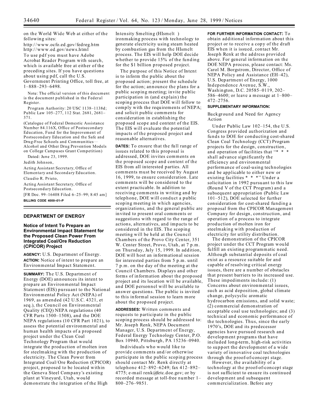 Notice of Intent to Prepare an Environmental Impact Statement for the Proposed Clean Power from Integrated Coal/Ore Reduction