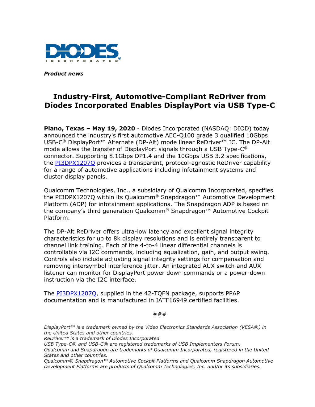 Industry-First, Automotive-Compliant Redriver from Diodes Incorporated Enables Displayport Via USB Type-C