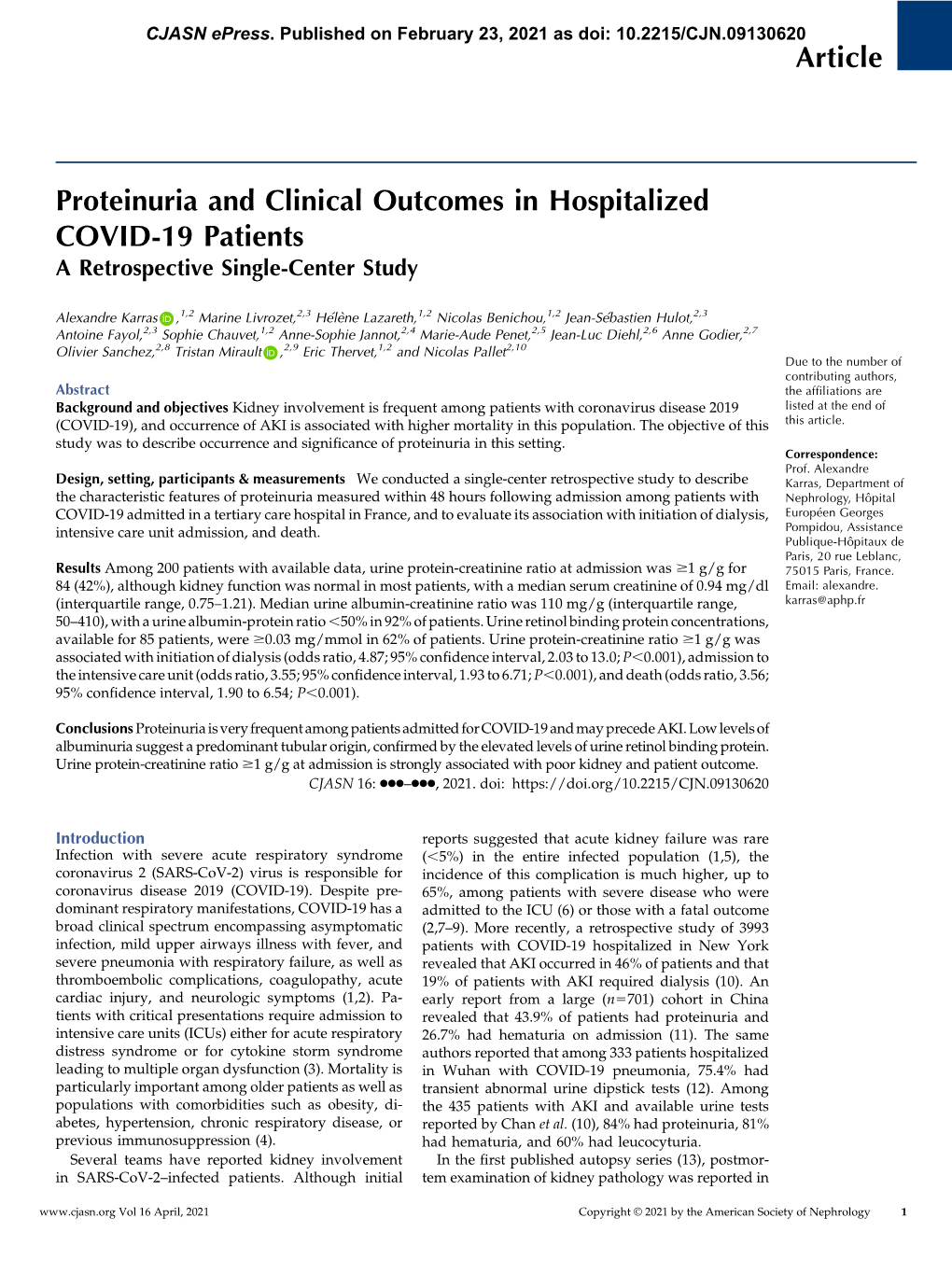 Article Proteinuria and Clinical Outcomes in Hospitalized