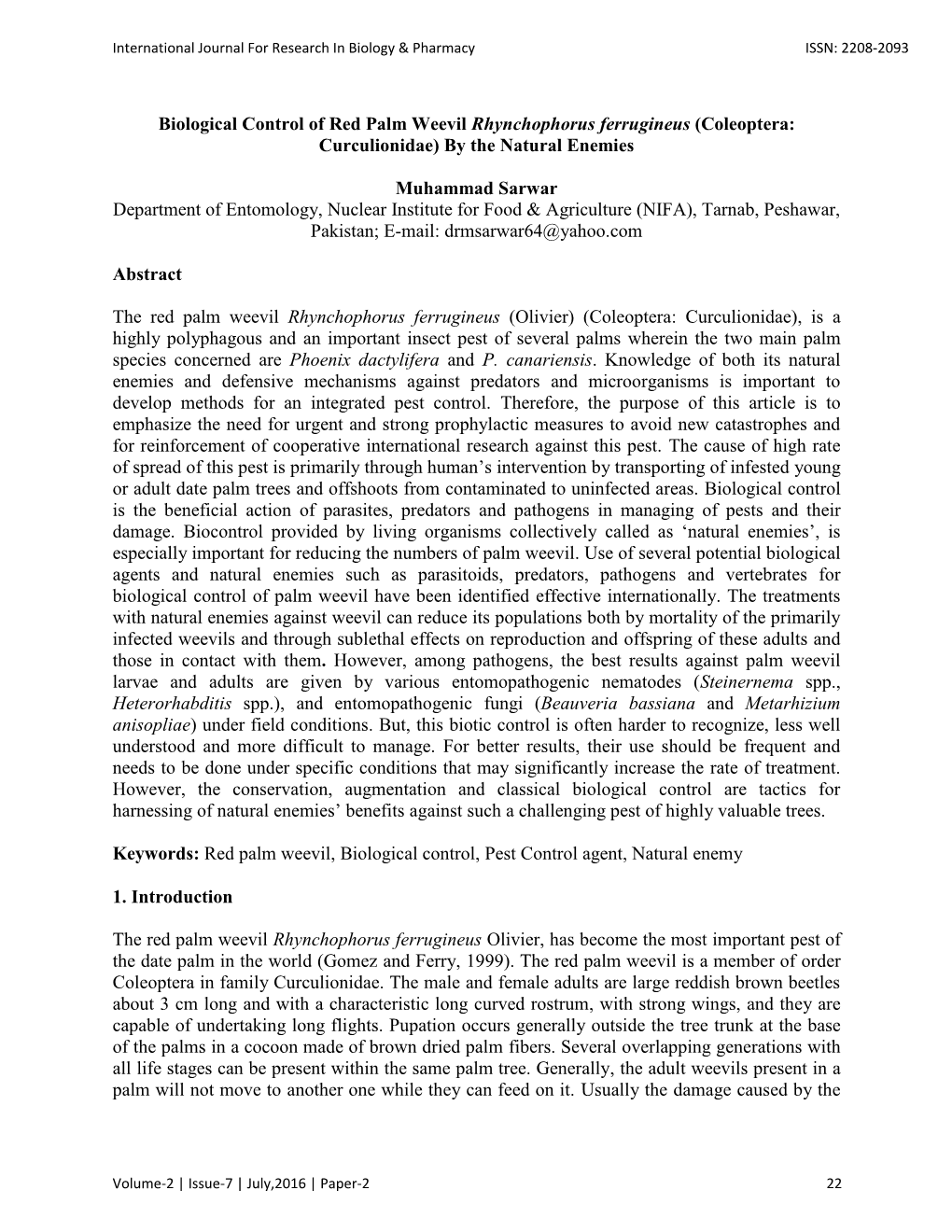 Biological Control of Red Palm Weevil Rhynchophorus Ferrugineus (Coleoptera: Curculionidae) by the Natural Enemies