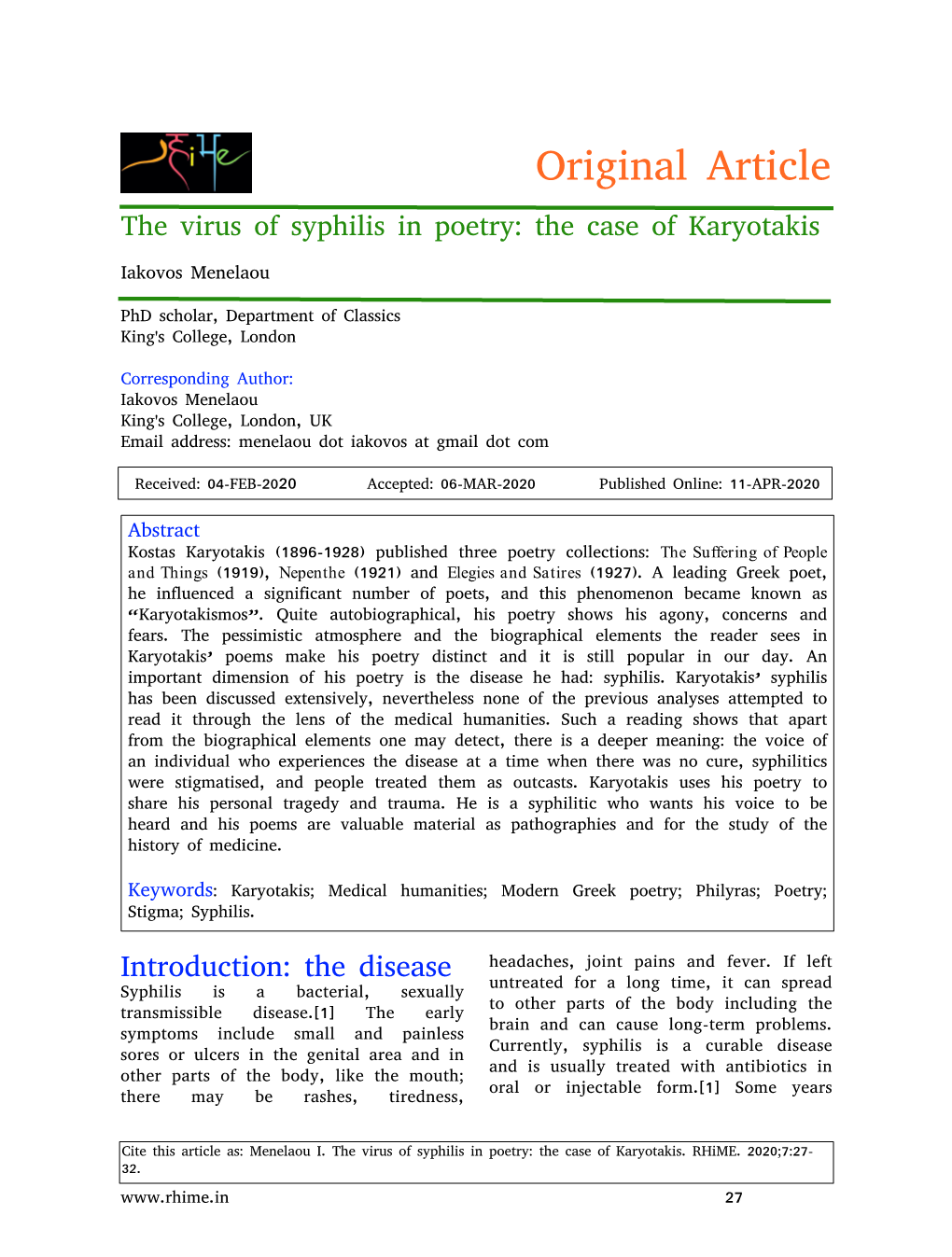 Original Article the Virus of Syphilis in Poetry: the Case of Karyotakis