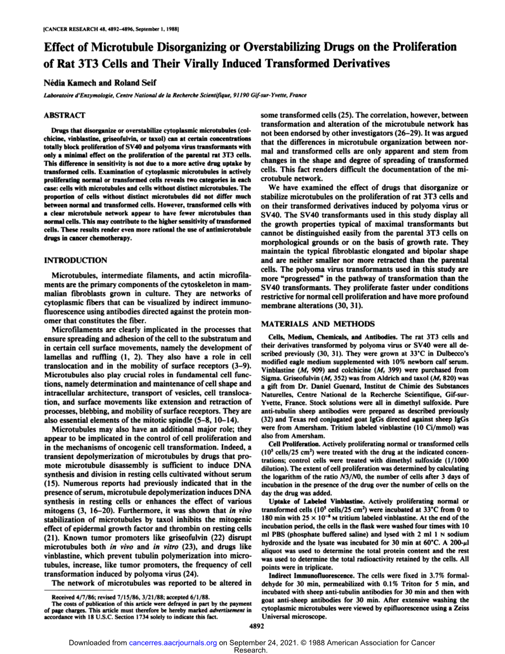 Effect of Microtubule Disorganizing Or Overstabilizing Drugs on the Proliferation of Rat 3T3 Cells and Their Virally Induced Transformed Derivatives