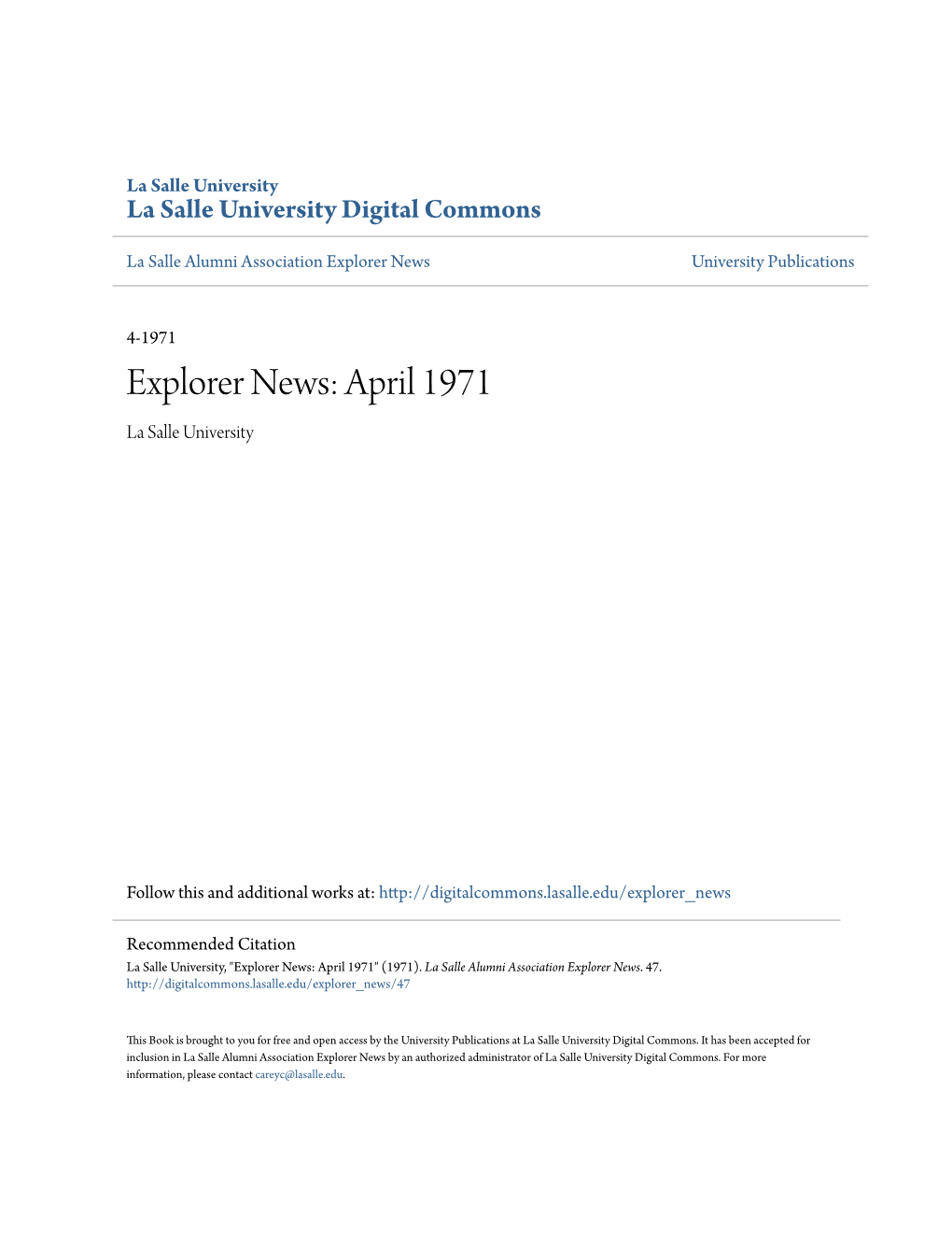 Explorer News: April 1971 La Salle University