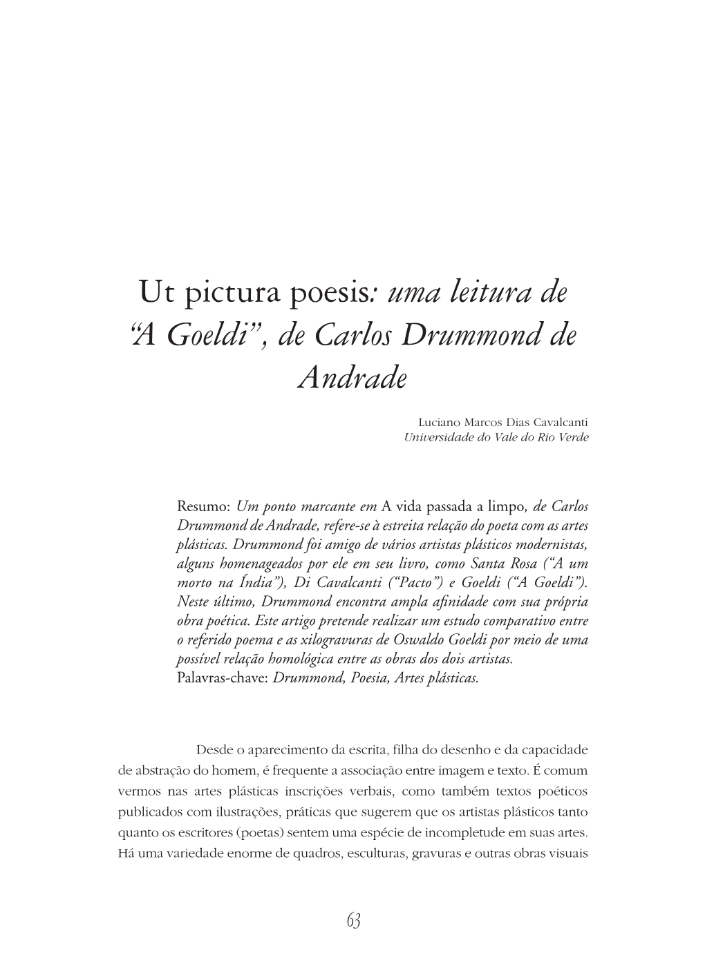 Ut Pictura Poesis: Uma Leitura De “A Goeldi”, De Carlos Drummond De Andrade