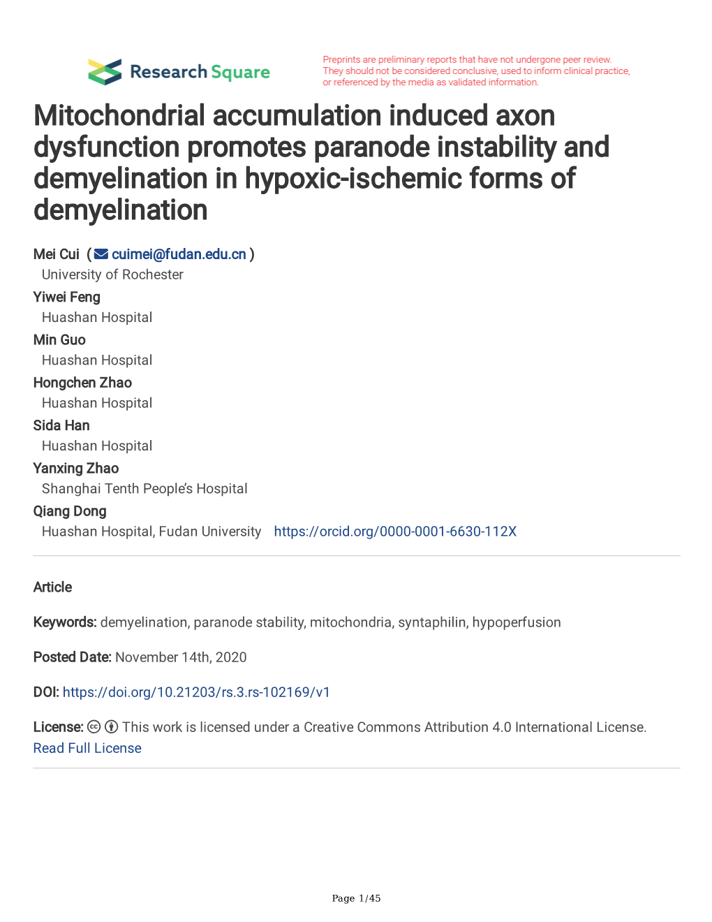 Mitochondrial Accumulation Induced Axon Dysfunction Promotes Paranode Instability and Demyelination in Hypoxic-Ischemic Forms of Demyelination