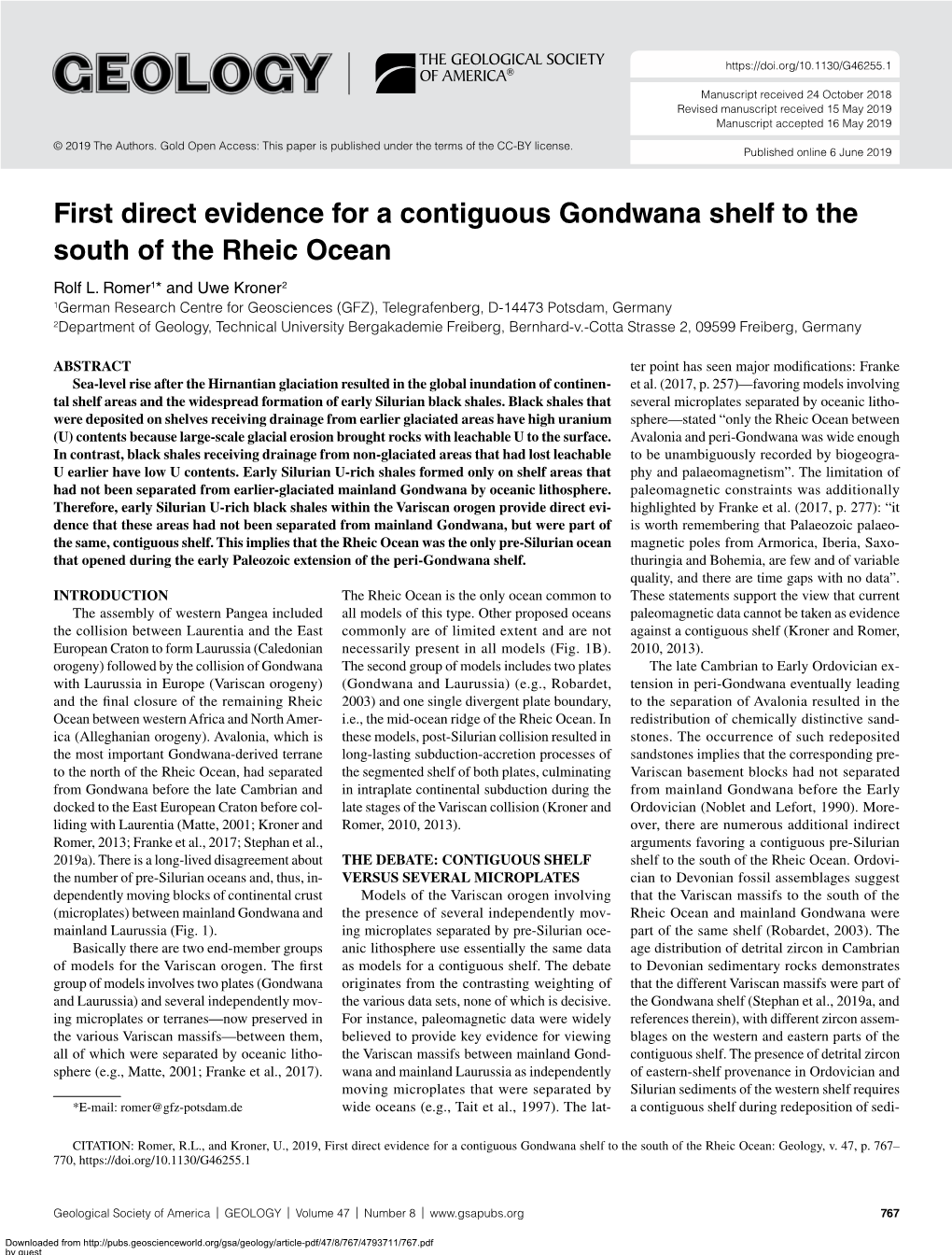 First Direct Evidence for a Contiguous Gondwana Shelf to the South of the Rheic Ocean Rolf L