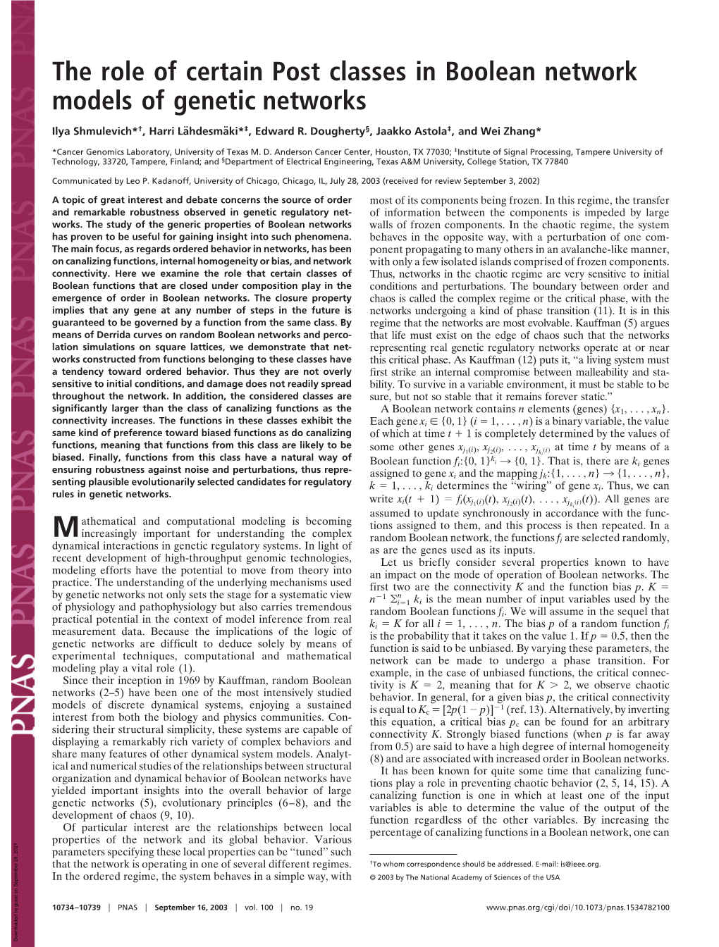 The Role of Certain Post Classes in Boolean Network Models of Genetic Networks