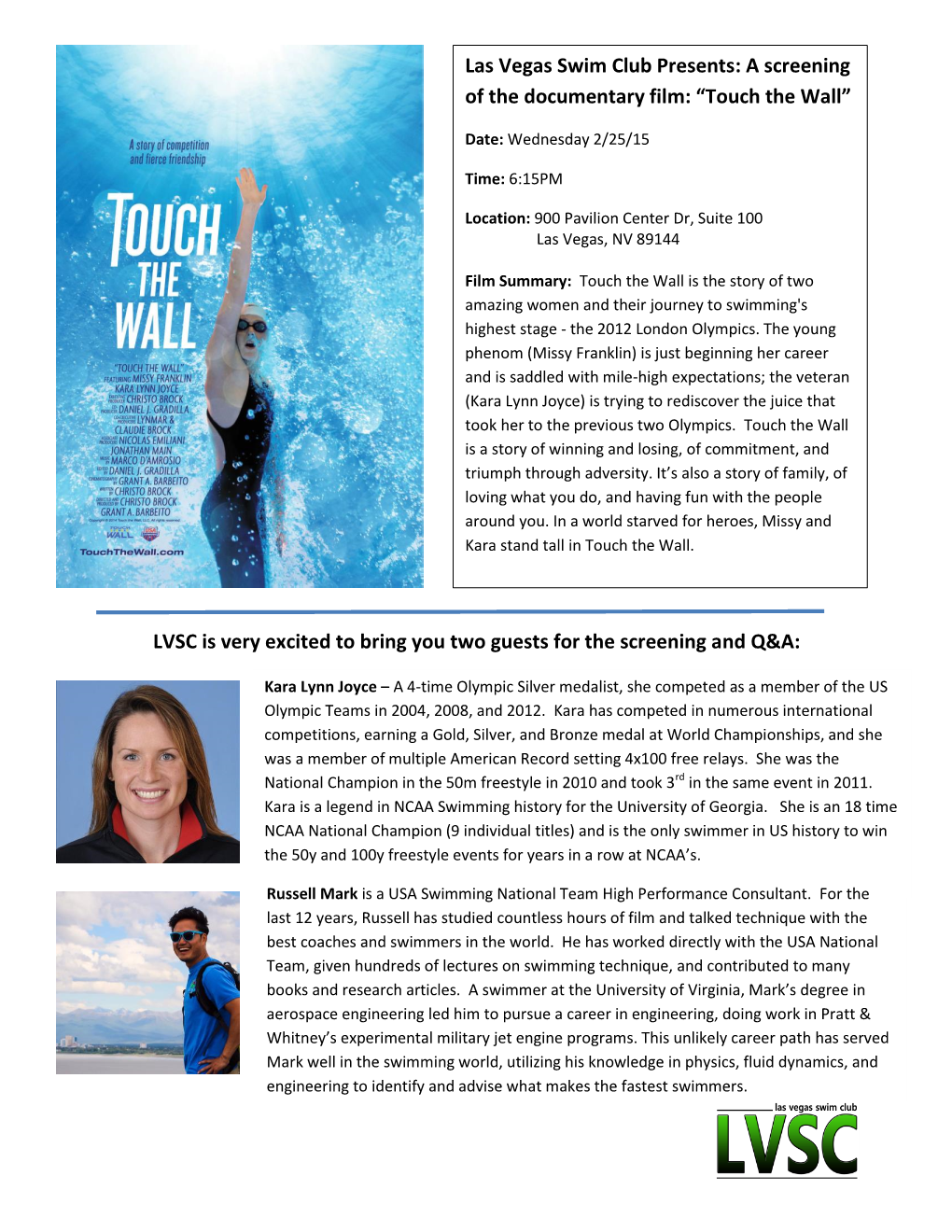 Las Vegas Swim Club Presents: a Screening of the Documentary Film: “Touch the Wall”