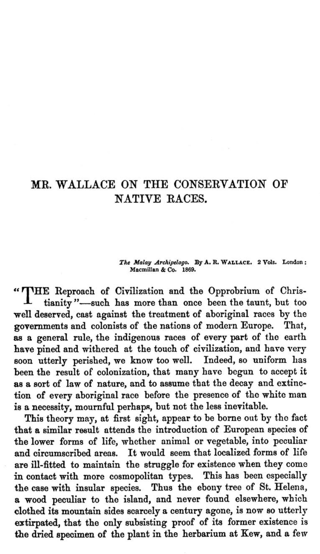 Mr. Wallace on the Conservation of Native Races