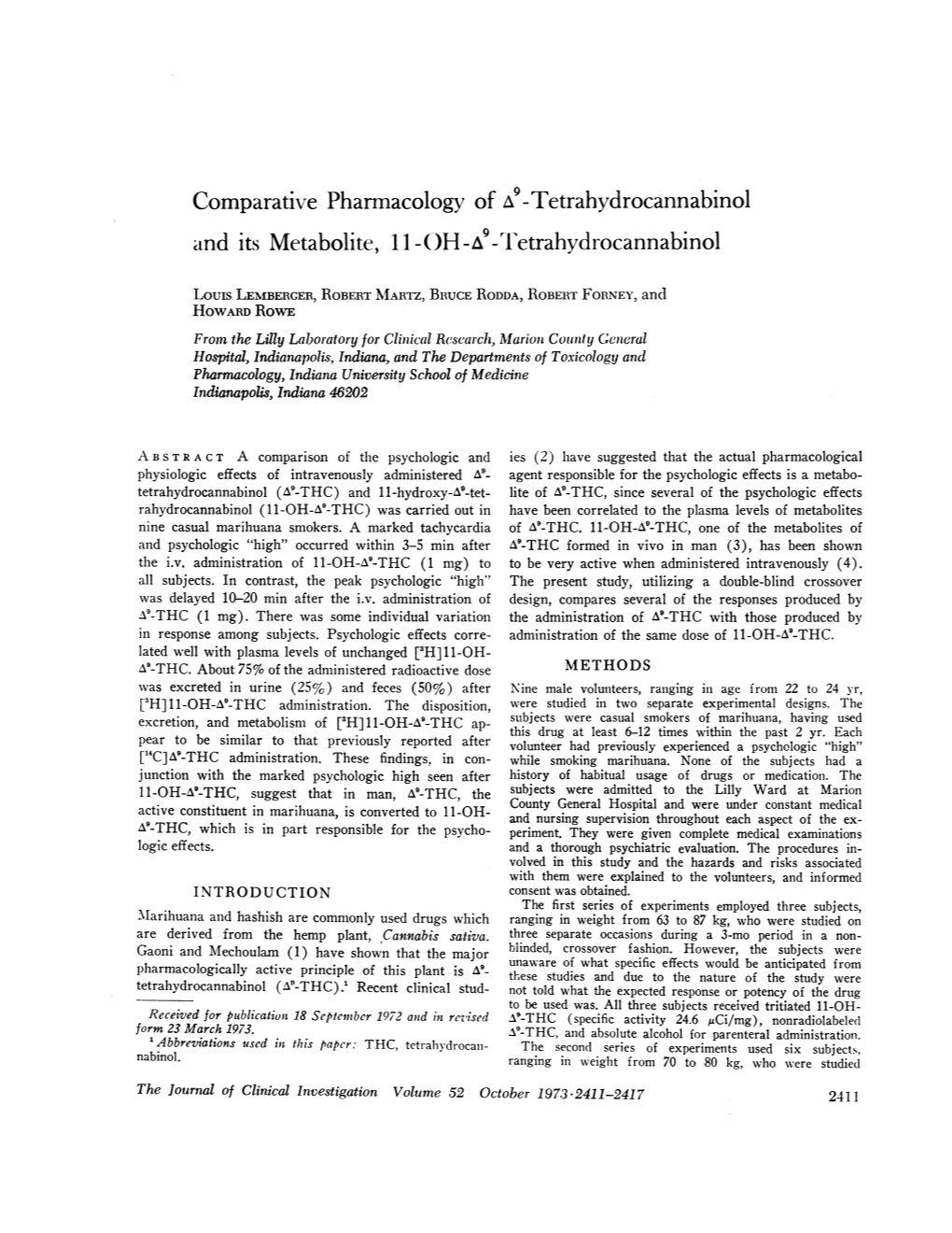 Comparative Pharmacology of Δ9-Tetrahydrocannabinol and Its