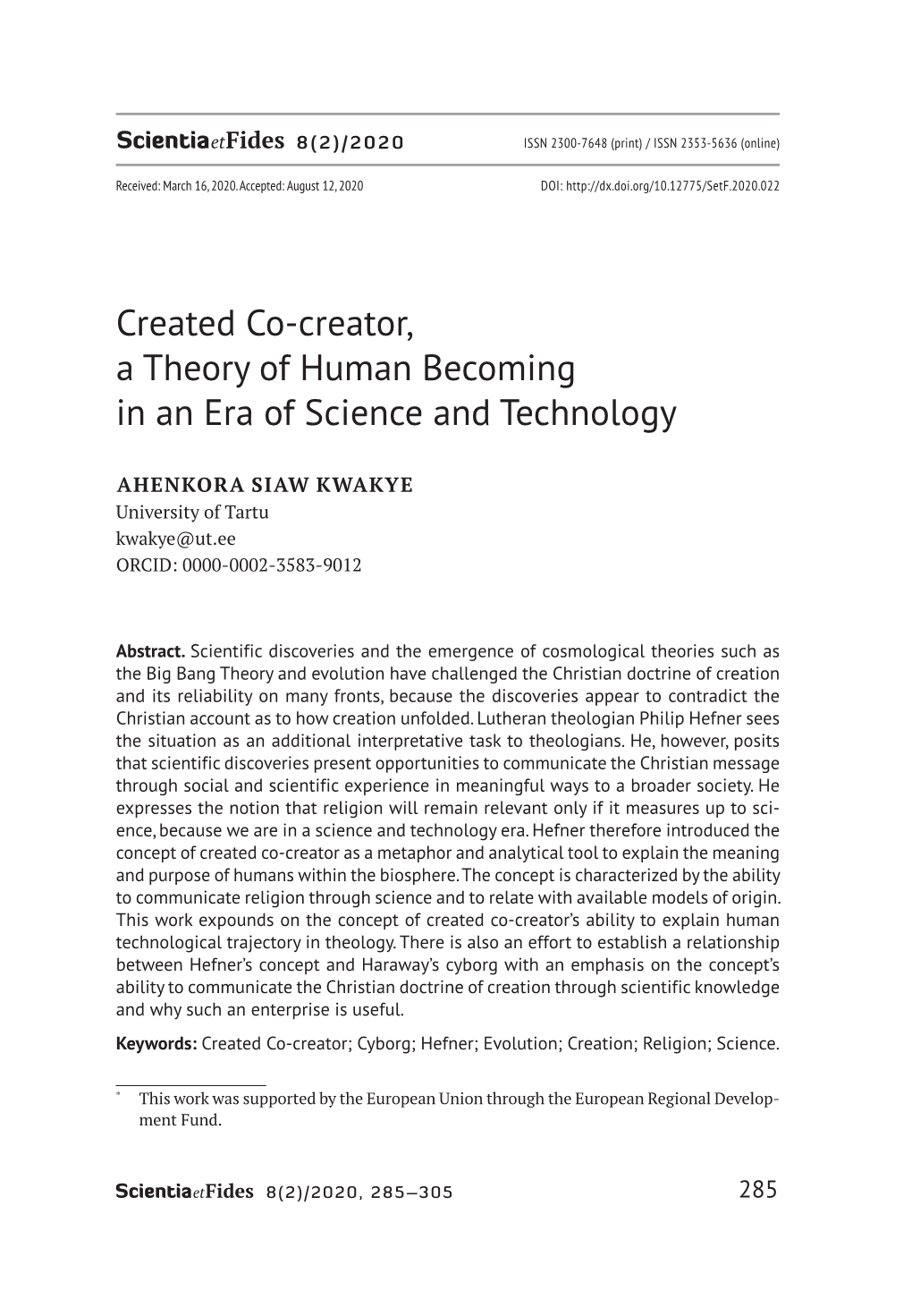 Created Co-Creator, a Theory of Human Becoming in an Era of Science and Technology