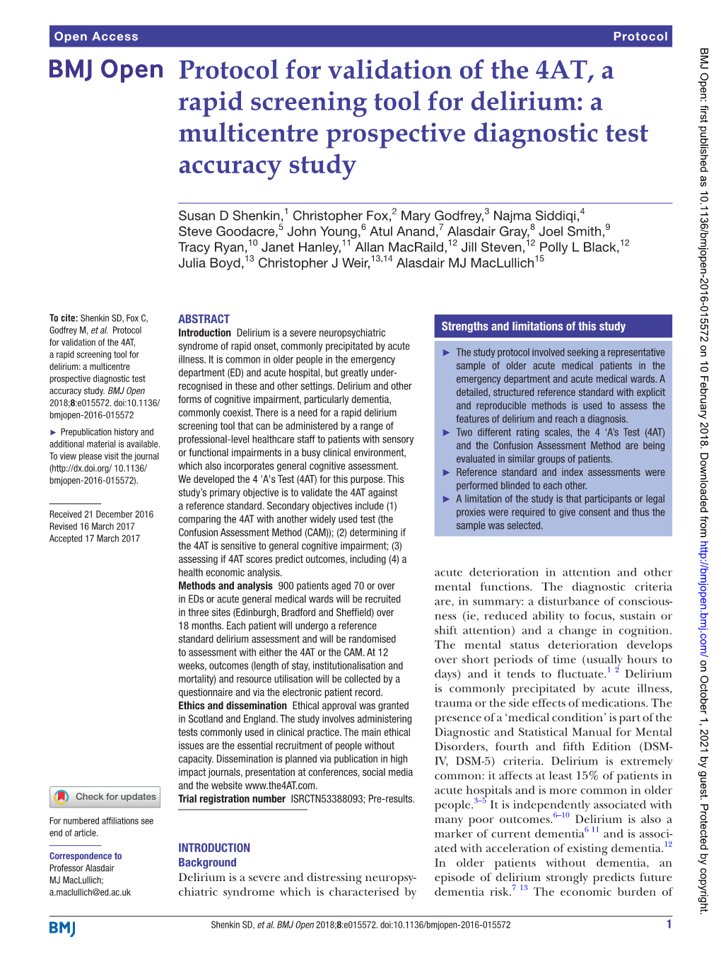 Protocol for Validation of the 4AT, a Rapid Screening Tool for Delirium: a Multicentre Prospective Diagnostic Test Accuracy Study