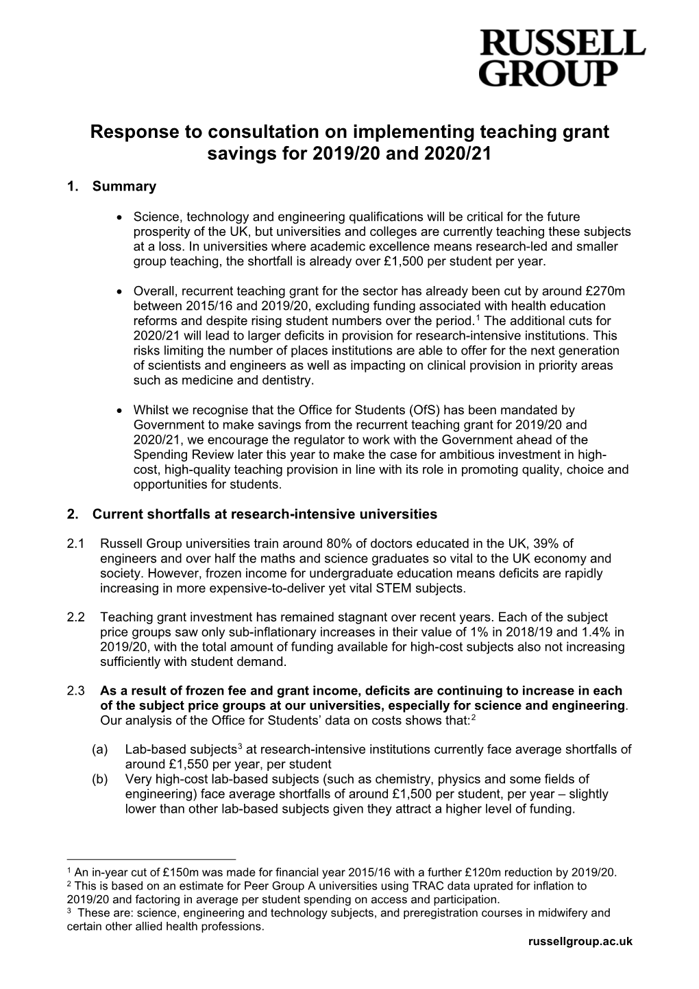 Response to Consultation on Implementing Teaching Grant Savings for 2019/20 and 2020/21