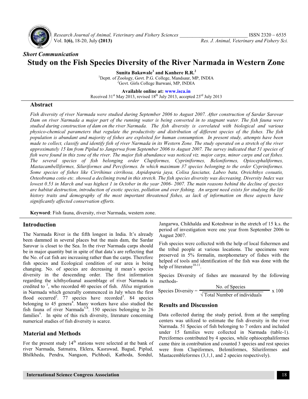 Study on the Fish Species Diversity of the River Narmada in Western Zone