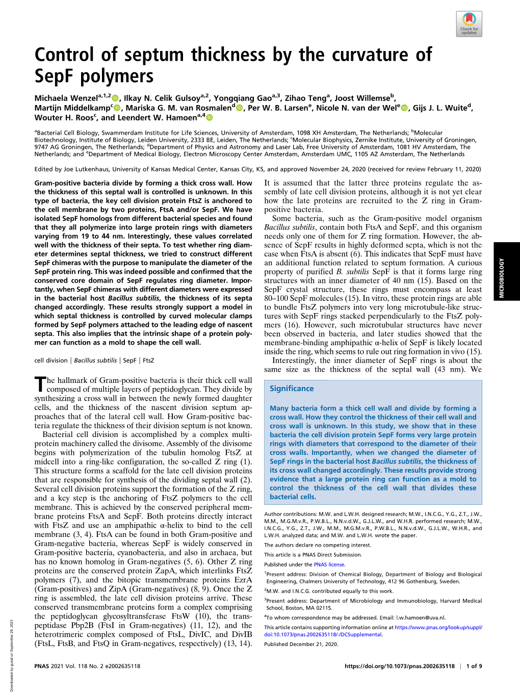 Control of Septum Thickness by the Curvature of Sepf Polymers