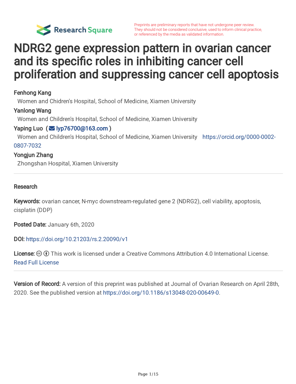 NDRG2 Gene Expression Pattern in Ovarian Cancer and Its Specific Roles