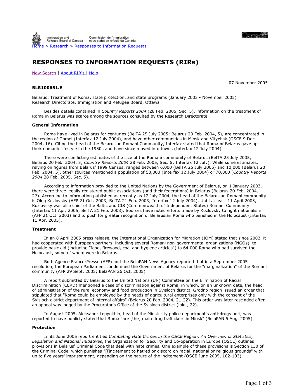 Belarus: Treatment of Roma, State Protection, and State Programs (January 2003 - November 2005) Research Directorate, Immigration and Refugee Board, Ottawa