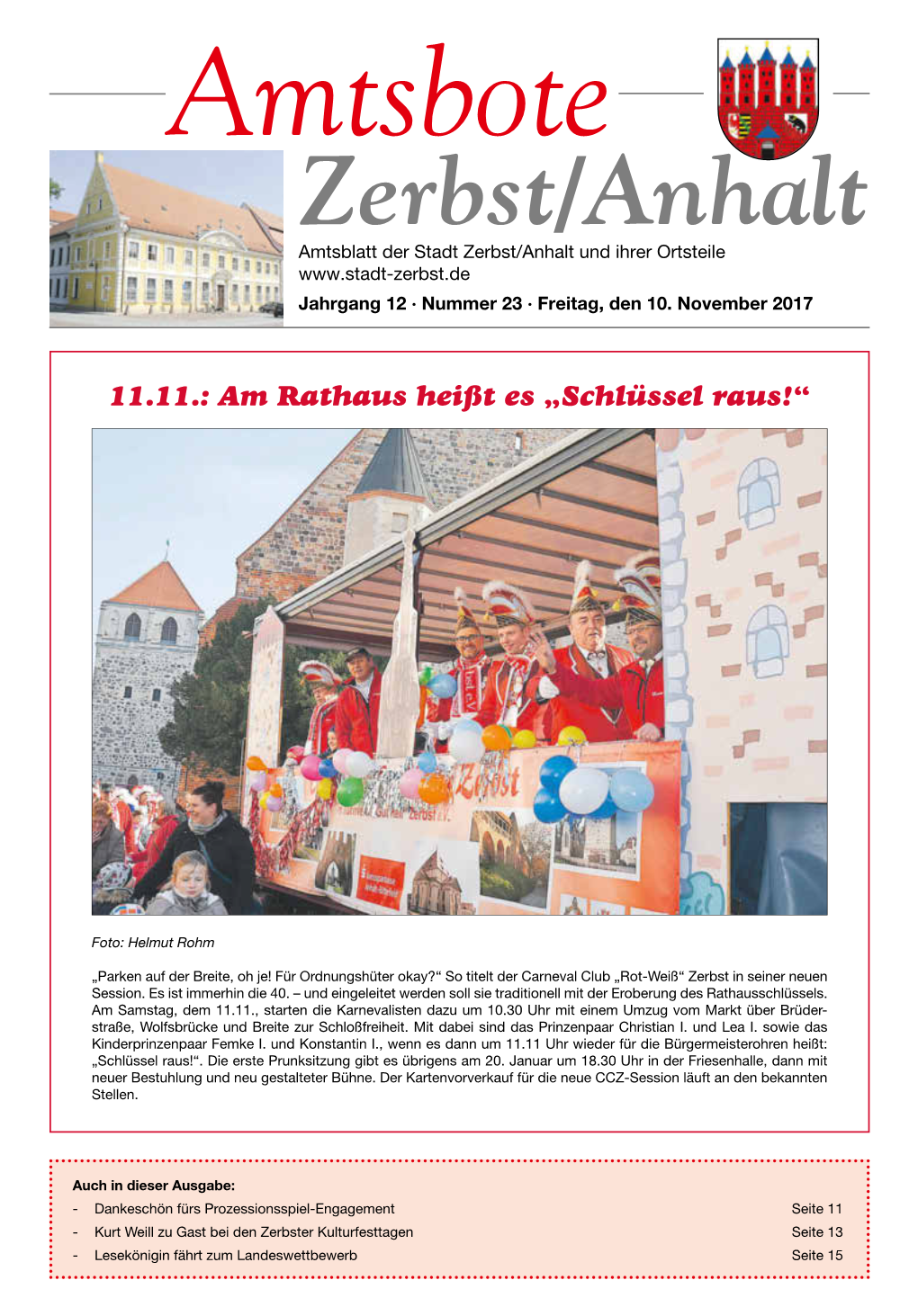 Amtsbote Zerbst/Anhalt Amtsblatt Der Stadt Zerbst/Anhalt Und Ihrer Ortsteile Jahrgang 12 · Nummer 23 · Freitag, Den 10