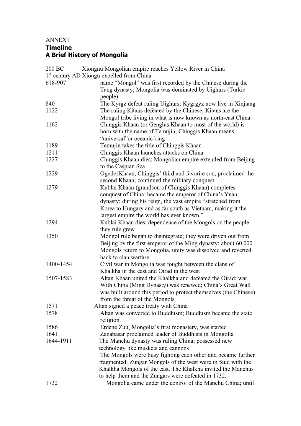 ANNEX I Timeline a Brief History of Mongolia 200 BC Xiongnu Mongolian Empire Reaches Yellow River in China 1 Century AD Xiongu E