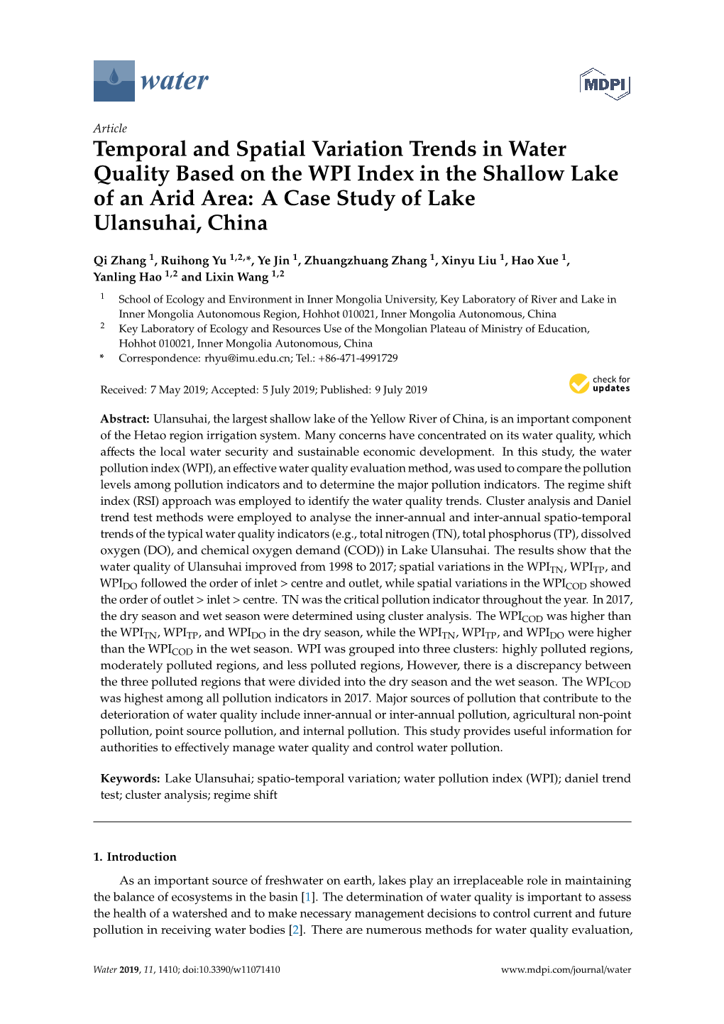 Temporal and Spatial Variation Trends in Water Quality Based on the WPI Index in the Shallow Lake of an Arid Area: a Case Study of Lake Ulansuhai, China