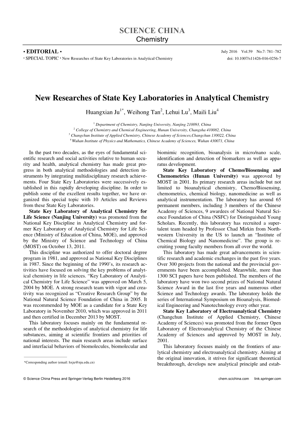 New Researches of State Key Laboratories in Analytical Chemistry Doi: 10.1007/S11426-016-0256-7