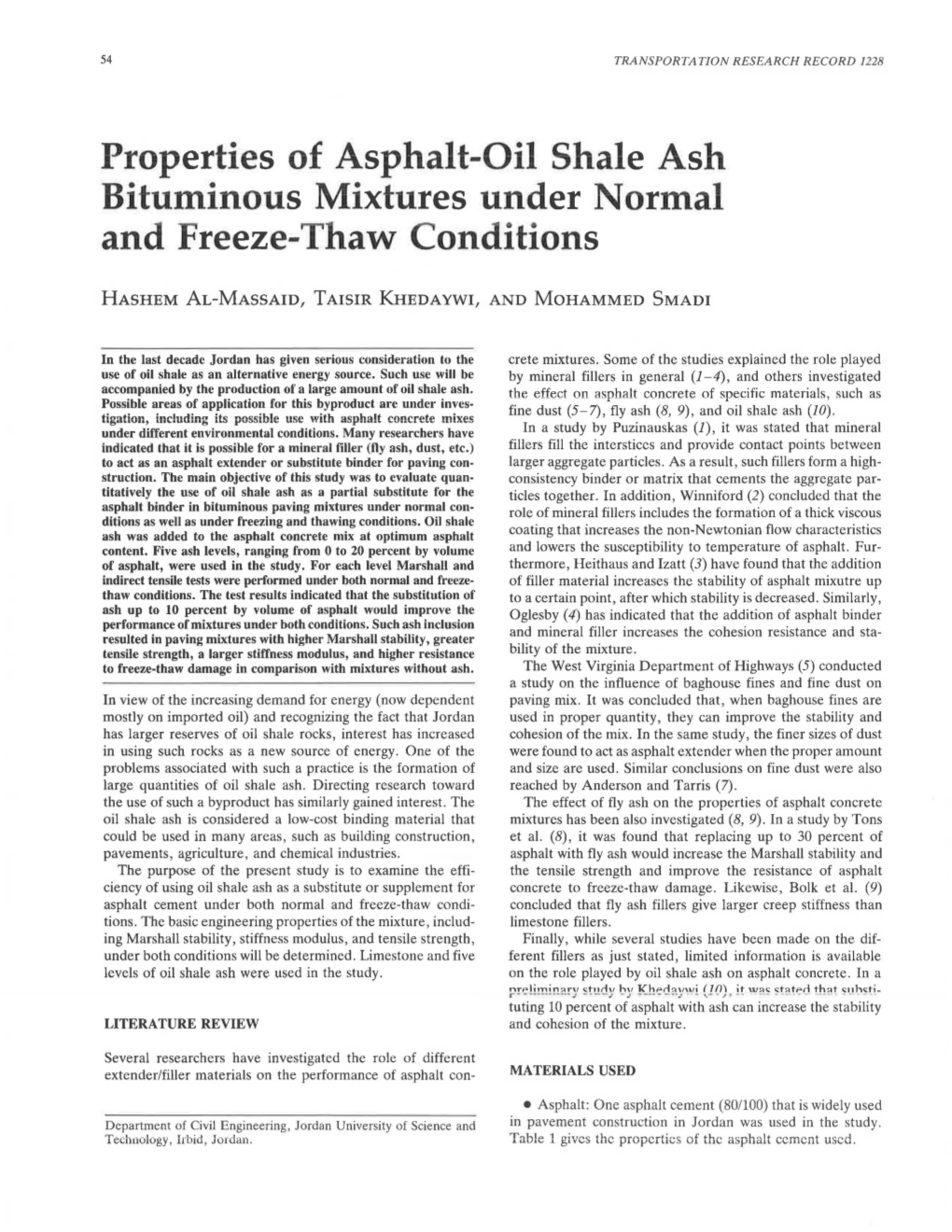 Properties of Asphalt-Oil Shale Ash Bituminous Mixtures Under Normal and Freeze-Thaw Conditions