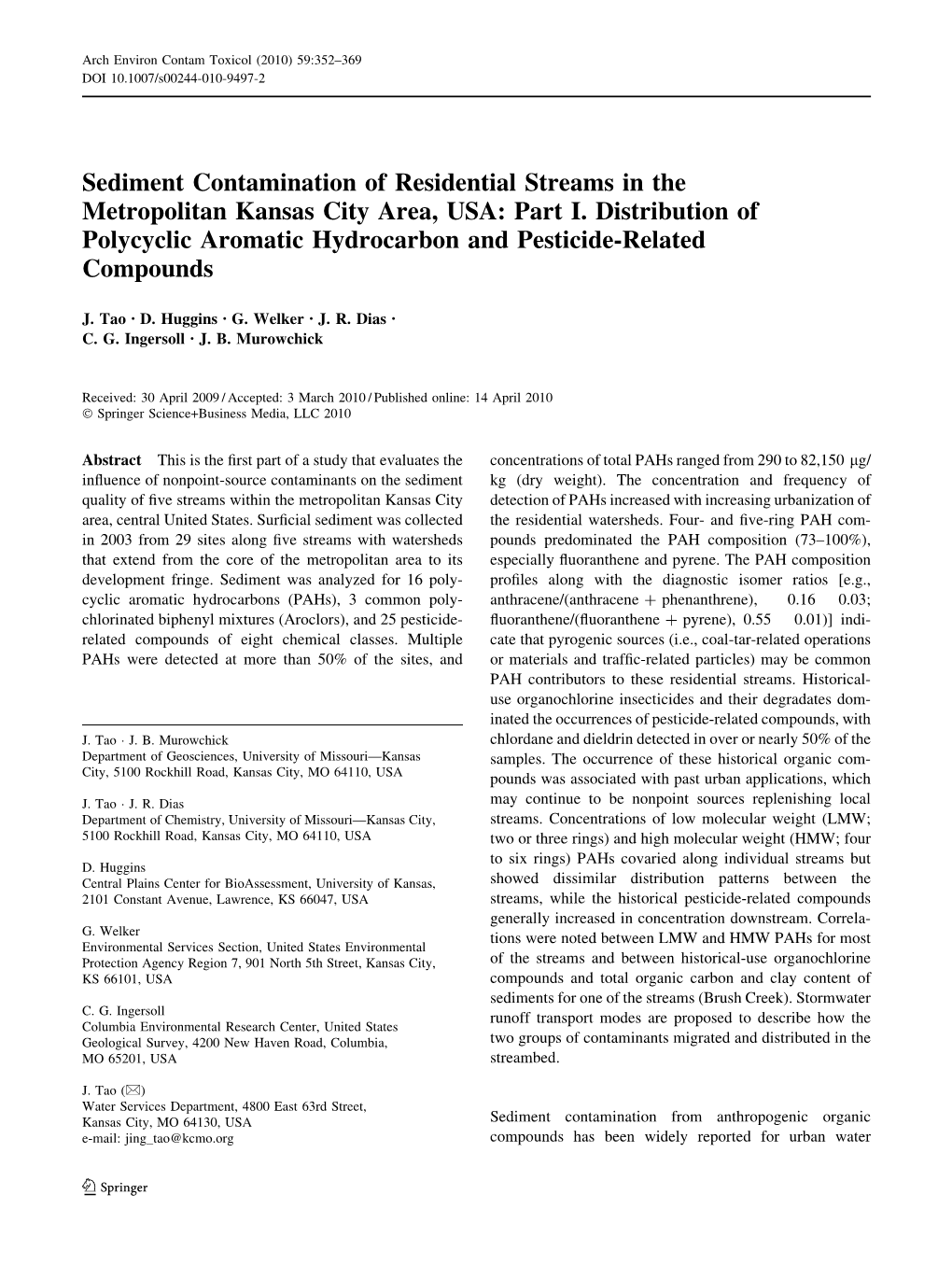 Sediment Contamination of Residential Streams in the Metropolitan Kansas City Area, USA: Part I