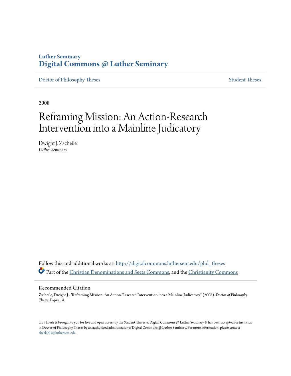 Reframing Mission: an Action-Research Intervention Into a Mainline Judicatory Dwight J