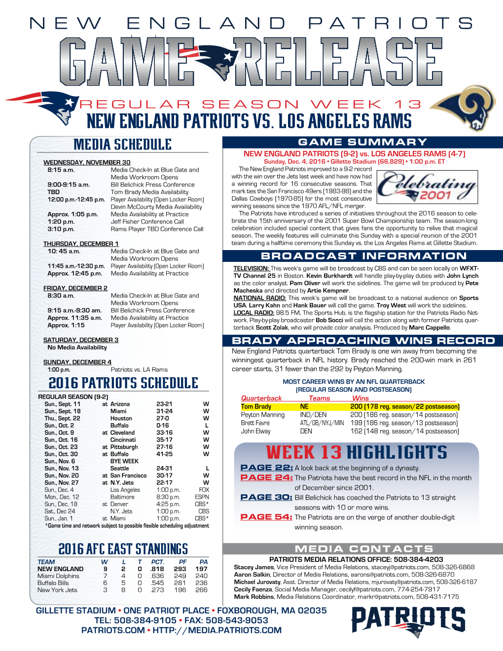 NEW ENGLAND PATRIOTS Vs. Los Angeles Rams MEDIA SCHEDULE GAME SUMMARY NEW ENGLAND PATRIOTS (9-2) Vs