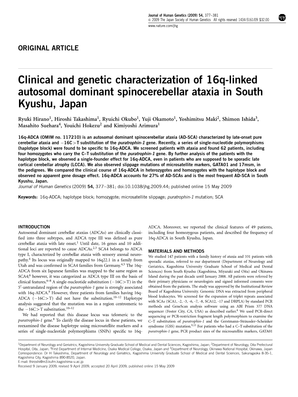 Clinical and Genetic Characterization of 16Q-Linked Autosomal Dominant Spinocerebellar Ataxia in South Kyushu, Japan