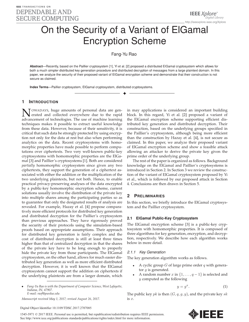 On the Security of a Variant of Elgamal Encryption Scheme