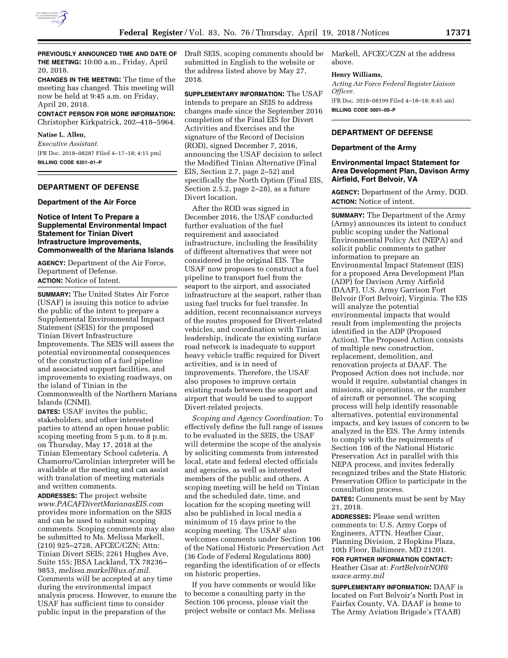 Federal Register/Vol. 83, No. 76/Thursday, April 19, 2018/Notices