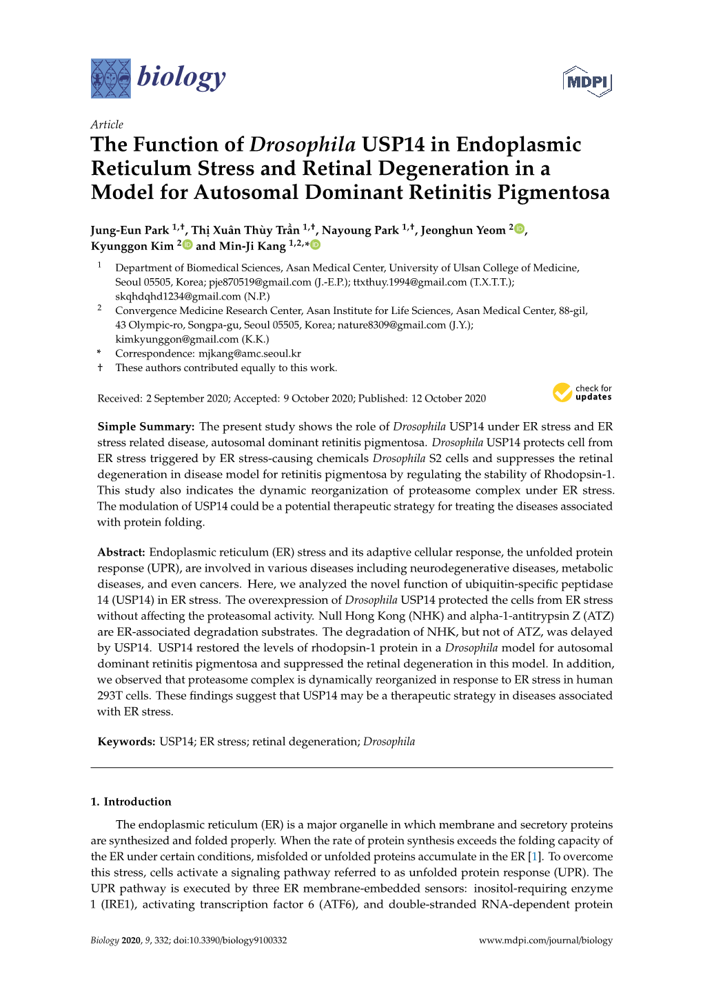 The Function of Drosophila USP14 in Endoplasmic Reticulum Stress and Retinal Degeneration in a Model for Autosomal Dominant Retinitis Pigmentosa