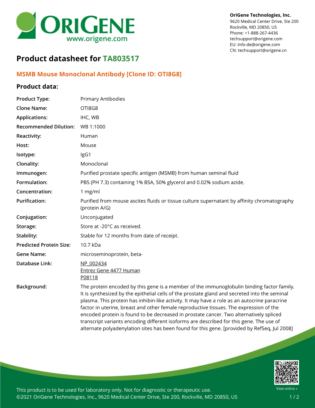 MSMB Mouse Monoclonal Antibody [Clone ID: OTI8G8] Product Data