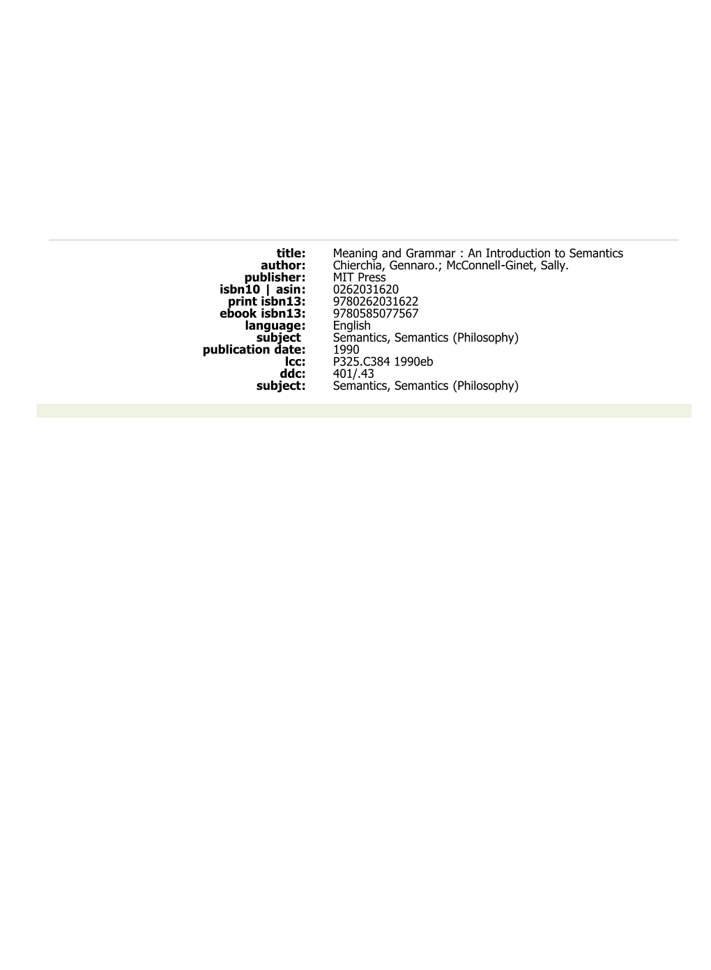 Title: Meaning and Grammar : an Introduction to Semantics Author: Chierchia, Gennaro.; Mcconnell-Ginet, Sally