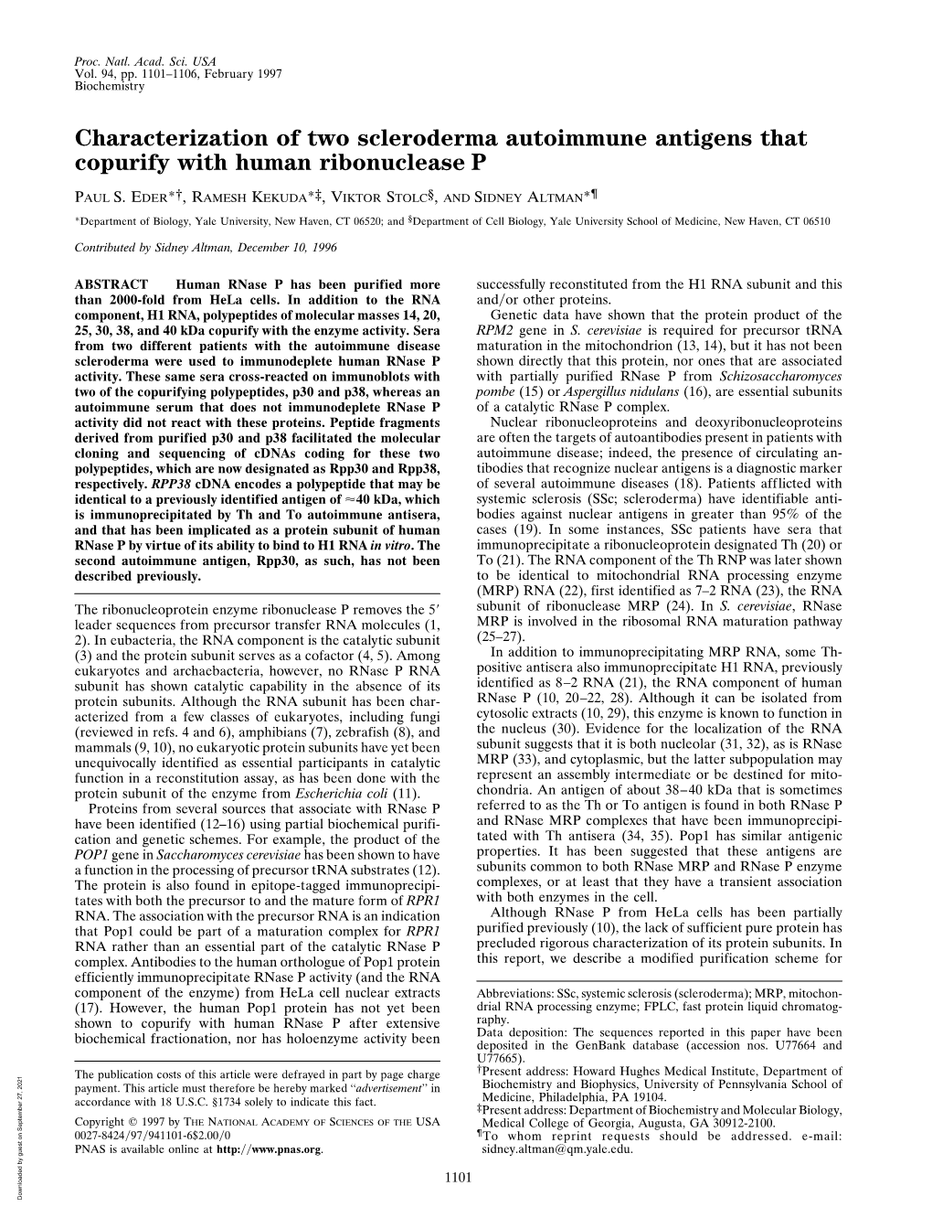 Characterization of Two Scleroderma Autoimmune Antigens That Copurify with Human Ribonuclease P