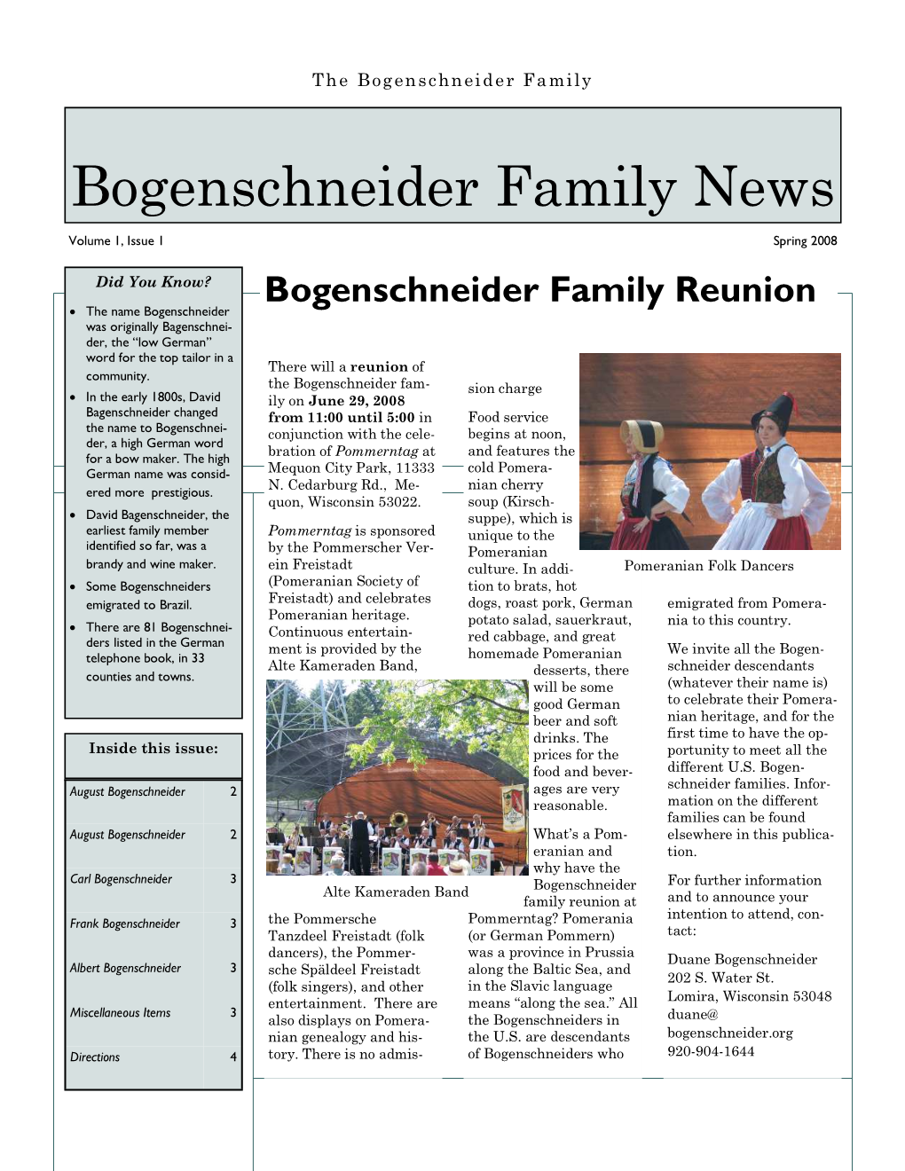 Bogenschneider Family News, Vol. 1, No. 1, Spring 2008