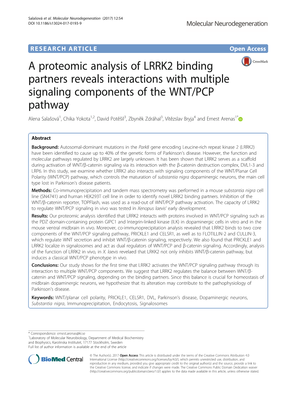 A Proteomic Analysis of LRRK2 Binding Partners Reveals